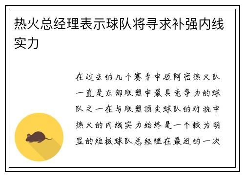 热火总经理表示球队将寻求补强内线实力