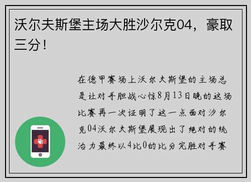 沃尔夫斯堡主场大胜沙尔克04，豪取三分！